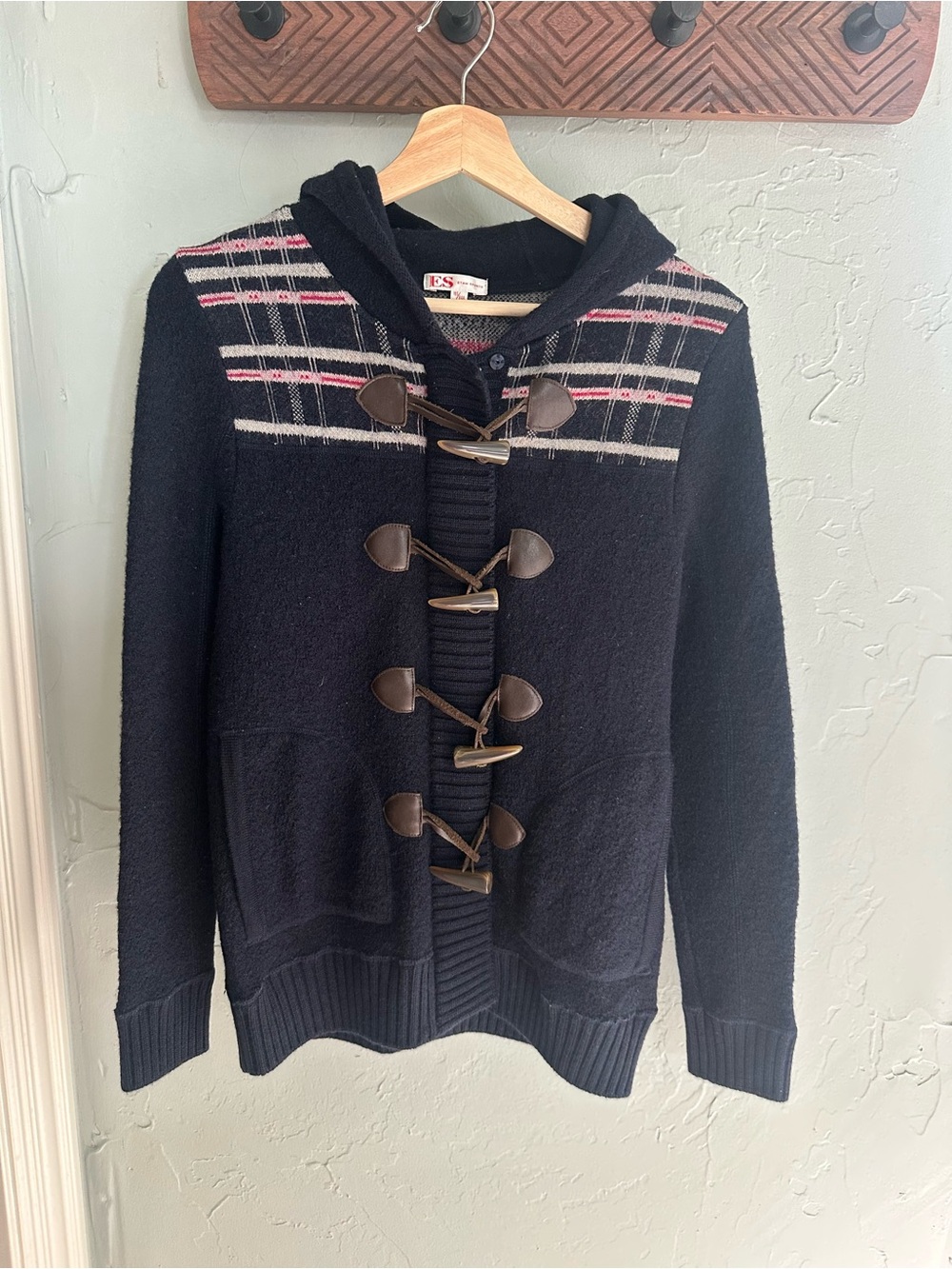 Black Hooded Toggle Cardigan with Pink & White Plaid Yoke